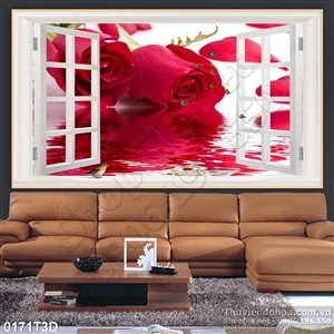 Tranh 3D cửa sổ và hoa hồng trang trí