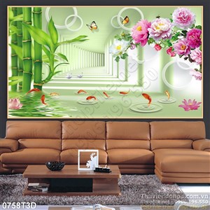 Tranh 3D tre và mẫu đơn