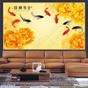 Tranh kim tiền cá chép và hoa mẫu đơn