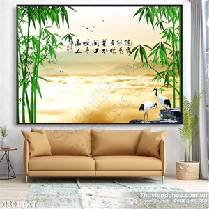 Tranh thư pháp cây tre và chim hạc