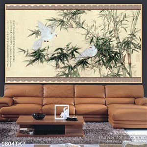 Tranh thư pháp câ tre và chim hạc