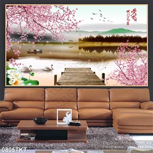 Tranh thư pháp hoa đào phong thủy