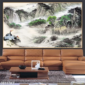 Tranh thư pháp chim hạc và phong cảnh