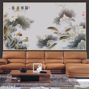 Tranh thư pháp cá chép và hoa