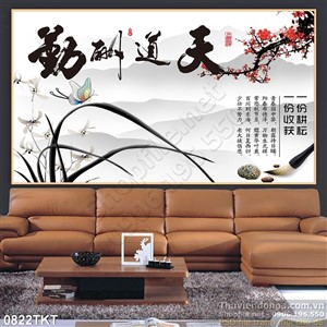 Tranh thư pháp hoa lan và hoa đào