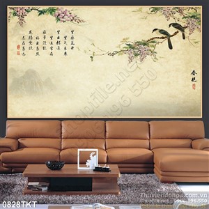 Tranh thư pháp hoa đào mùa xuân