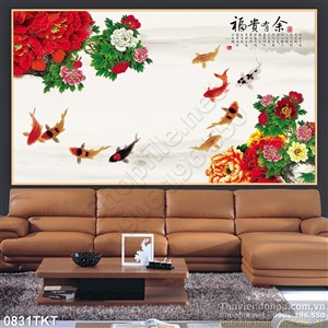 Tranh thư pháp hoa mẫu đơn và cá chép