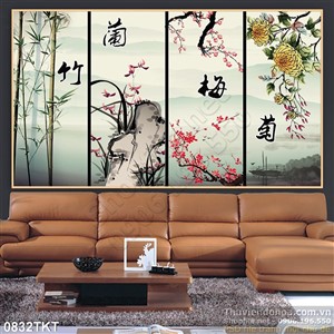 Tranh thư pháp trúc, cúc, mai