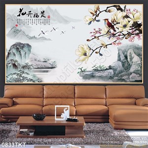 Tranh thư pháp sơn thủy hoa mùa xuân