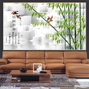Tranh thư pháp cây trúc và chim yến