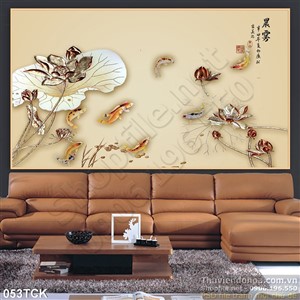 Tranh hoa sen, cá chép thư pháp kim tiền Tranh hoa sen, cá chép thư pháp kim tiền