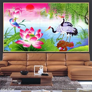 Tranh hoa sen, cá chép và chim hạc Tranh hoa sen, cá chép và chim hạc