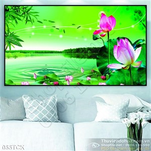 Tranh hoa sen, cá chép nền xanh Tranh hoa sen, cá chép nền xanh