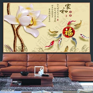 Tranh hoa sen, cá chép quần tụ kim tiền Tranh hoa sen, cá chép quần tụ kim tiền