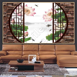 Tranh hoa sen, cá chép cửa sổ