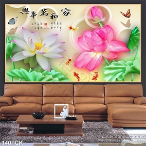 Tranh hoa sen, cá chép thư pháp phong thủy Tranh hoa sen, cá chép thư pháp phong thủy