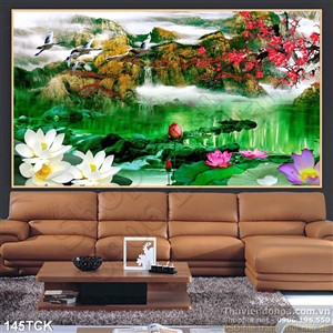 Tranh hoa sen, cá chép và sơn thủy Tranh hoa sen, cá chép và sơn thủy