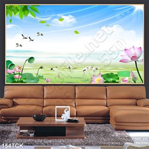 Tranh hoa sen, cá chép và chim hạc Tranh hoa sen, cá chép và chim hạc