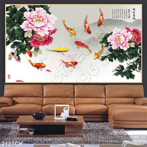 Tranh hoa sen, cá chép và mẫu đơn