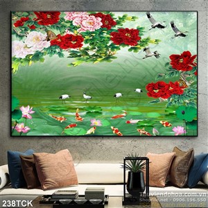 Tranh hoa sen, cá chép hoa mẫu đơn trang trí Tranh hoa sen, cá chép hoa mẫu đơn trang trí