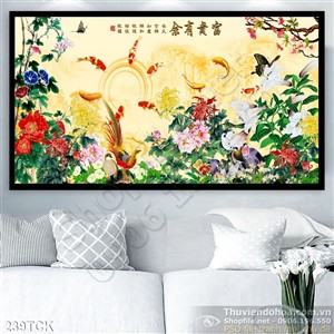 Tranh hoa sen, cá chép quần tụ và hoa mẫu đơn Tranh hoa sen, cá chép quần tụ và hoa mẫu đơn