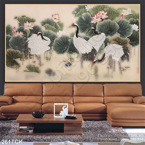 Tranh hoa sen, cá chép và chim hạc Tranh hoa sen, cá chép và chim hạc