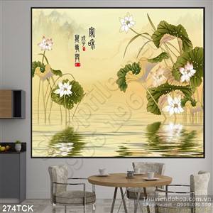 Tranh hoa sen, cá chép thư pháp phong thủy Tranh hoa sen, cá chép thư pháp phong thủy