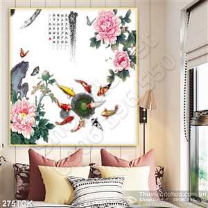 Tranh hoa sen, cá chép quần tụ và hoa mẫu đơn Tranh hoa sen, cá chép quần tụ và hoa mẫu đơn