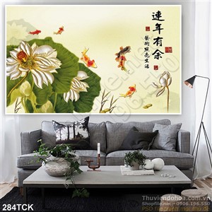 Tranh hoa sen, cá chép giả ngọc thư pháp Tranh hoa sen, cá chép giả ngọc thư pháp