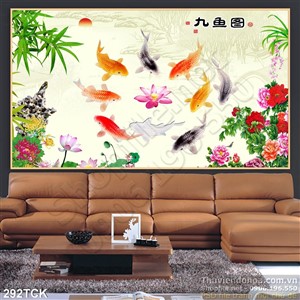 Tranh hoa sen, cá chép quần hội đẹp