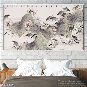 Tranh hoa sen, cá chép và phong cảnh