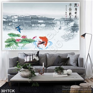 Tranh hoa sen, cá chép thư pháp đẹp