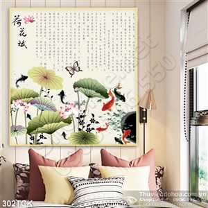 Tranh hoa sen, cá chép phong thủy