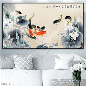 Tranh hoa sen, cá chép thư pháp treo tường