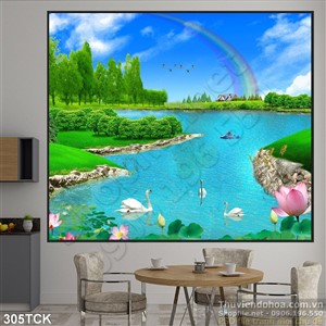 Tranh hoa sen, cá chép và thiên nga Tranh hoa sen, cá chép và thiên nga