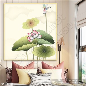 Tranh hoa sen, cá chép dán tường đẹp