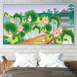 Tranh hoa sen, cá chép và phong cảnh Tranh hoa sen, cá chép và phong cảnh