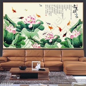 Tranh hoa sen, cá chép thư pháp treo tường Tranh hoa sen, cá chép thư pháp treo tường