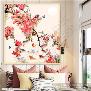 Tranh hoa sen, cá chép hoa đào nghệ thuật Tranh hoa sen, cá chép hoa đào nghệ thuật