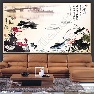 Tranh hoa sen, cá chép thư pháp trang trí Tranh hoa sen, cá chép thư pháp trang trí