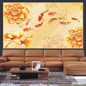 Tranh hoa sen, cá chép quần tụ kim tiền Tranh hoa sen, cá chép quần tụ kim tiền