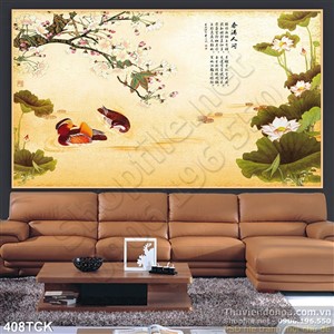 Tranh hoa sen, cá chép thư pháp trang trí Tranh hoa sen, cá chép thư pháp trang trí