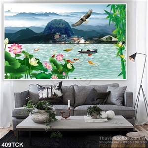 Tranh hoa sen, cá chép và phong cảnh Tranh hoa sen, cá chép và phong cảnh