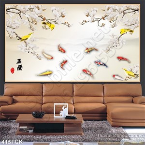 Tranh hoa sen, cá chép quần tụ mùa xuân Tranh hoa sen, cá chép quần tụ mùa xuân