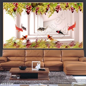 Tranh hoa sen, cá chép quần tụ Tranh hoa sen, cá chép quần tụ