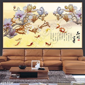 Tranh hoa sen, cá chép thư pháp kim tiền Tranh hoa sen, cá chép thư pháp kim tiền