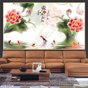 Tranh hoa sen, cá chép thư pháp phong thủy Tranh hoa sen, cá chép thư pháp phong thủy