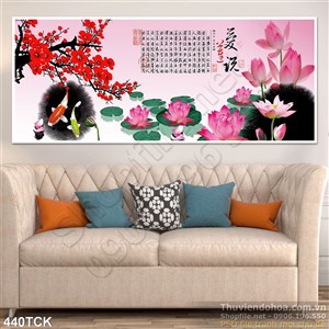 Tranh hoa sen, cá chép thư pháp mùa xuân Tranh hoa sen, cá chép thư pháp mùa xuân