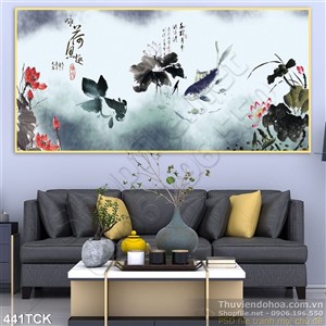 Tranh hoa sen, cá chép thư pháp trang trí Tranh hoa sen, cá chép thư pháp trang trí