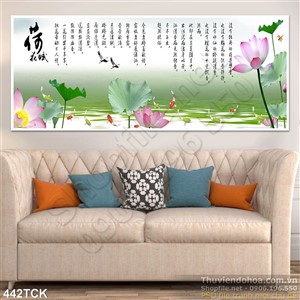 Tranh hoa sen, cá chép thư pháp phong thủy Tranh hoa sen, cá chép thư pháp phong thủy